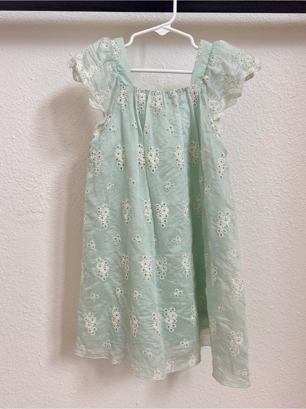 ZARA Girls Mint Green Embroidered Eyelet Flutter Sleeve Dress